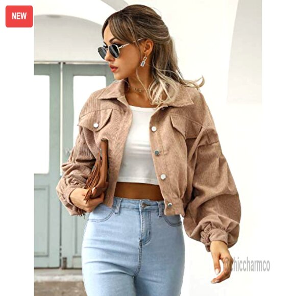 Cropped Corduroy Shacket Puff Sleeve Loose Fit Button Down Casual Jacket - Picture 4 of 7